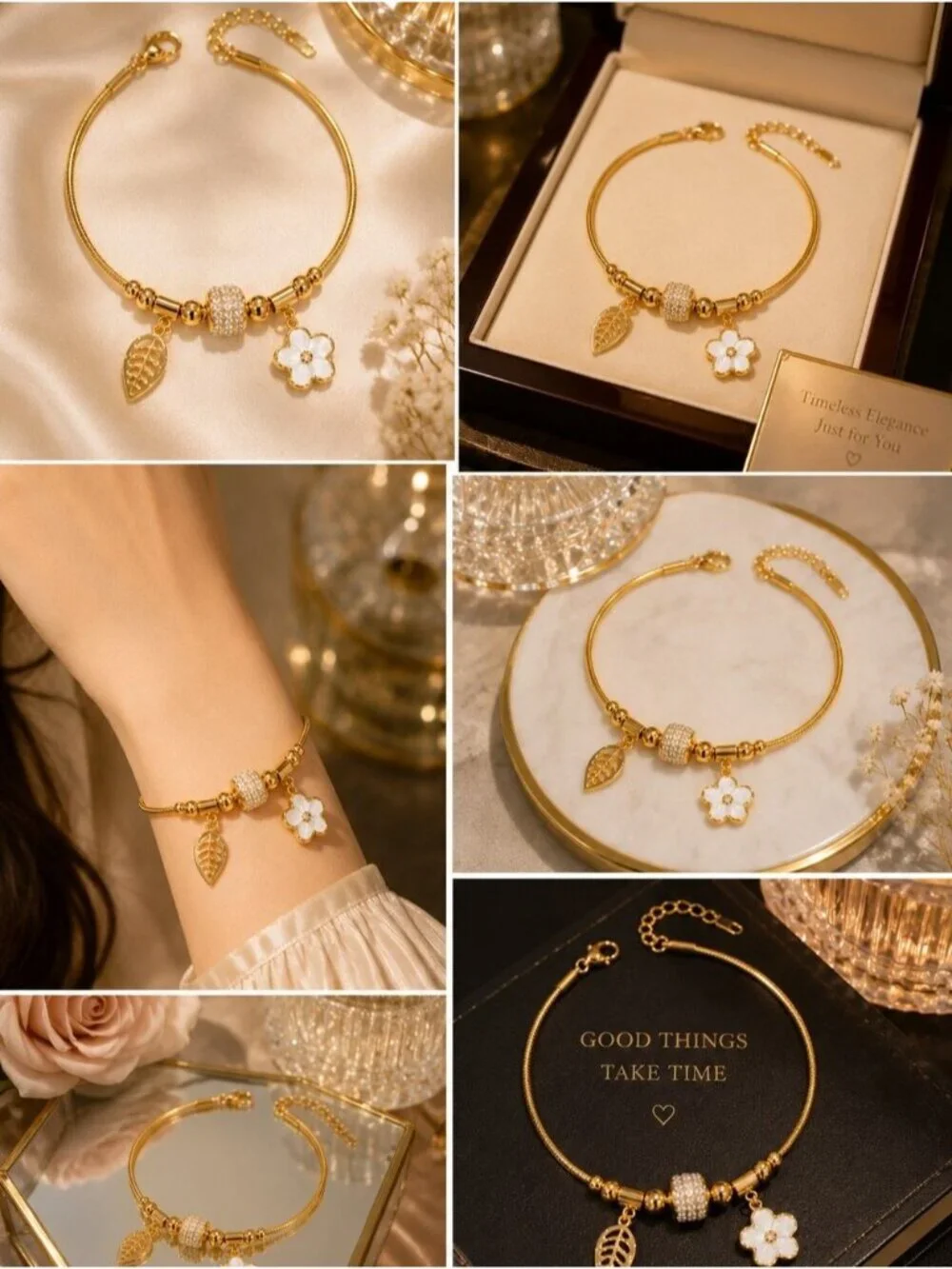 Gold Floral & Leaf Charm Bracelet